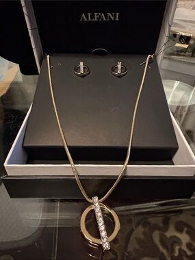 Alfani Gold and Clear Crystal Double-Ring Pendant Necklace with Hoop Earrings